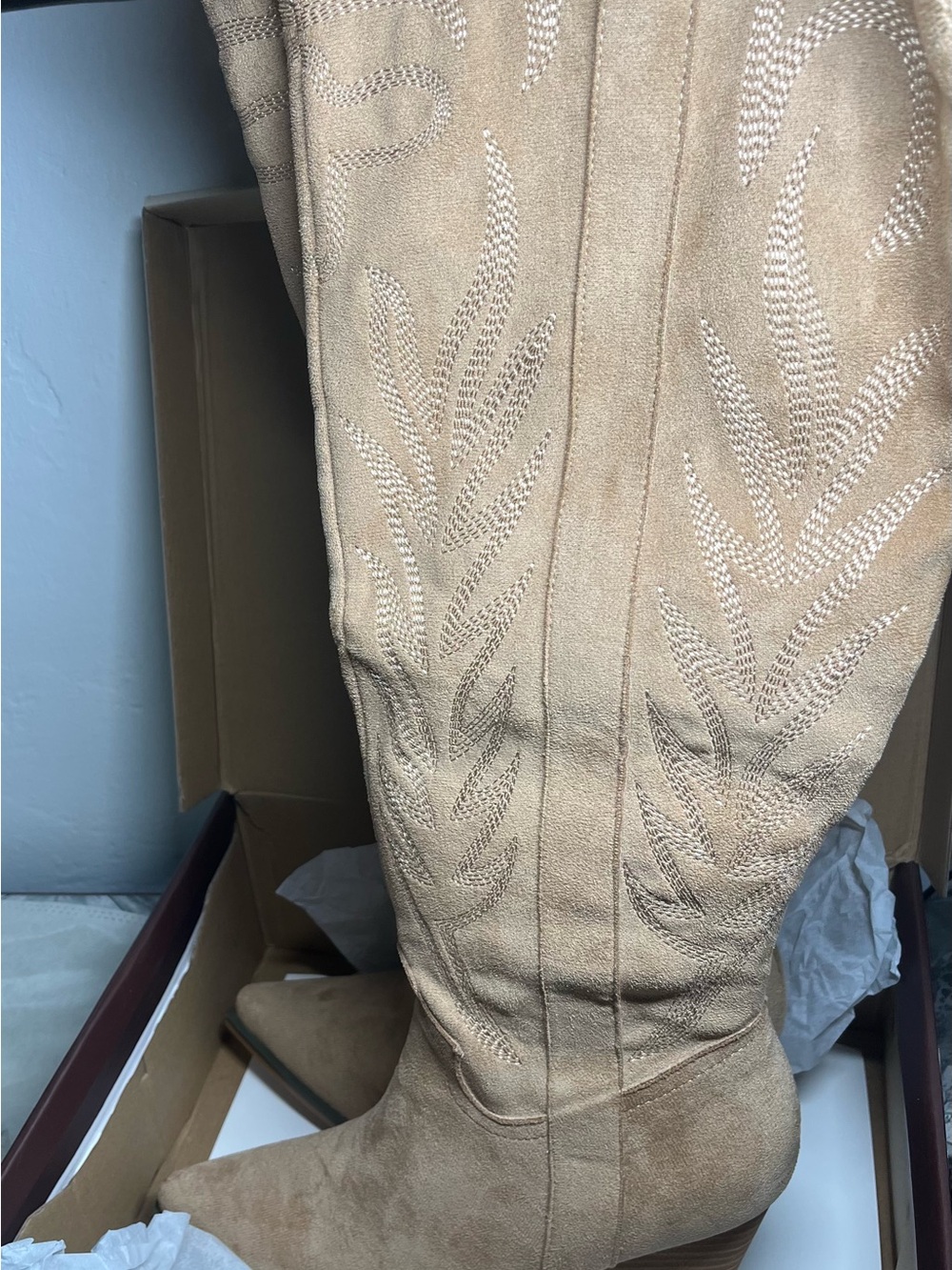 Over-the-Knee Beige Suede Western Boots - Picture 12 of 14